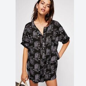 Free People Intimately Wear Me Daily Romper- Elephant Print Black & Pink NWT